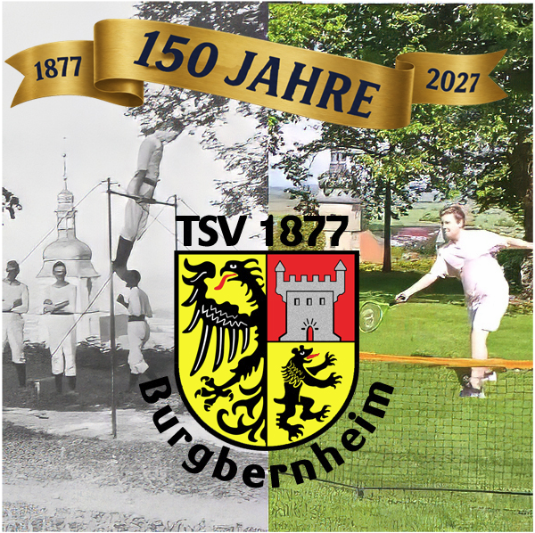 Eine Collage zeigt auf der linken Seite eine historische schwarz-weiße Szene mit mehreren Personen beim Volleyballspiel und auf der rechten Seite eine farbige Szene mit einer Person, die gerade einen Federball über ein Netz schlägt, darüber ein goldenes Banner mit der Aufschrift 150 Jahre und dem Zeitraum 1877 bis 2027 sowie das Wappen und der Schriftzug TSV 1877 Burgbernheim.

Beschreibung von KI generiert